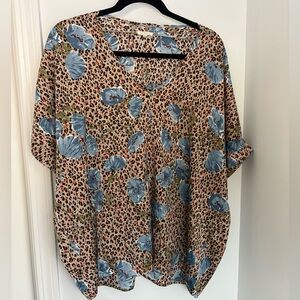 JODIFL Blue Floral Leopard Print Blouse
